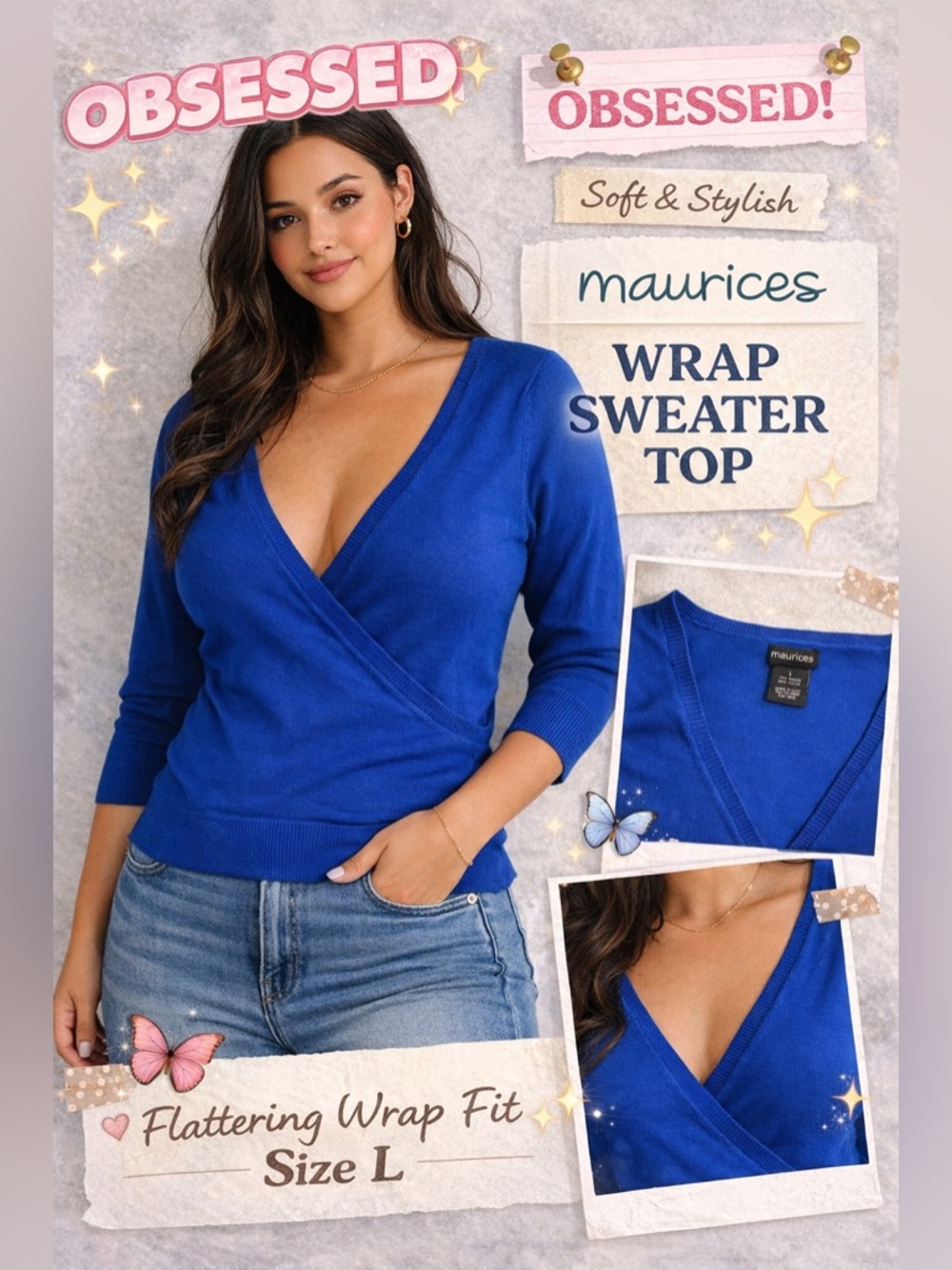 Maurices Blue Wrap Sweater Top Size L V-Neck 3/4 Sleeve Soft Knit
